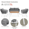 K&K 4-Piece Boho Rope Patio Furniture Set, Outdoor Furniture with Acacia Wood Table