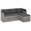 3-Seater Patio Sofa with Roof and Footstool Gray Poly Rattan