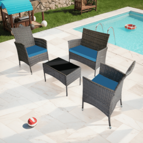 Outdoor Furniture & Patio Set - Patio Furniture Set 4 Pieces - Rattan Wicker Sofa & Patio chairs Ensemble - Ideal for Garden, Deck, Yard, Pool (Color: Blue)