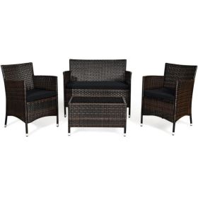 4 Pieces Comfortable Outdoor Rattan Sofa Set with Table (Color: Black)